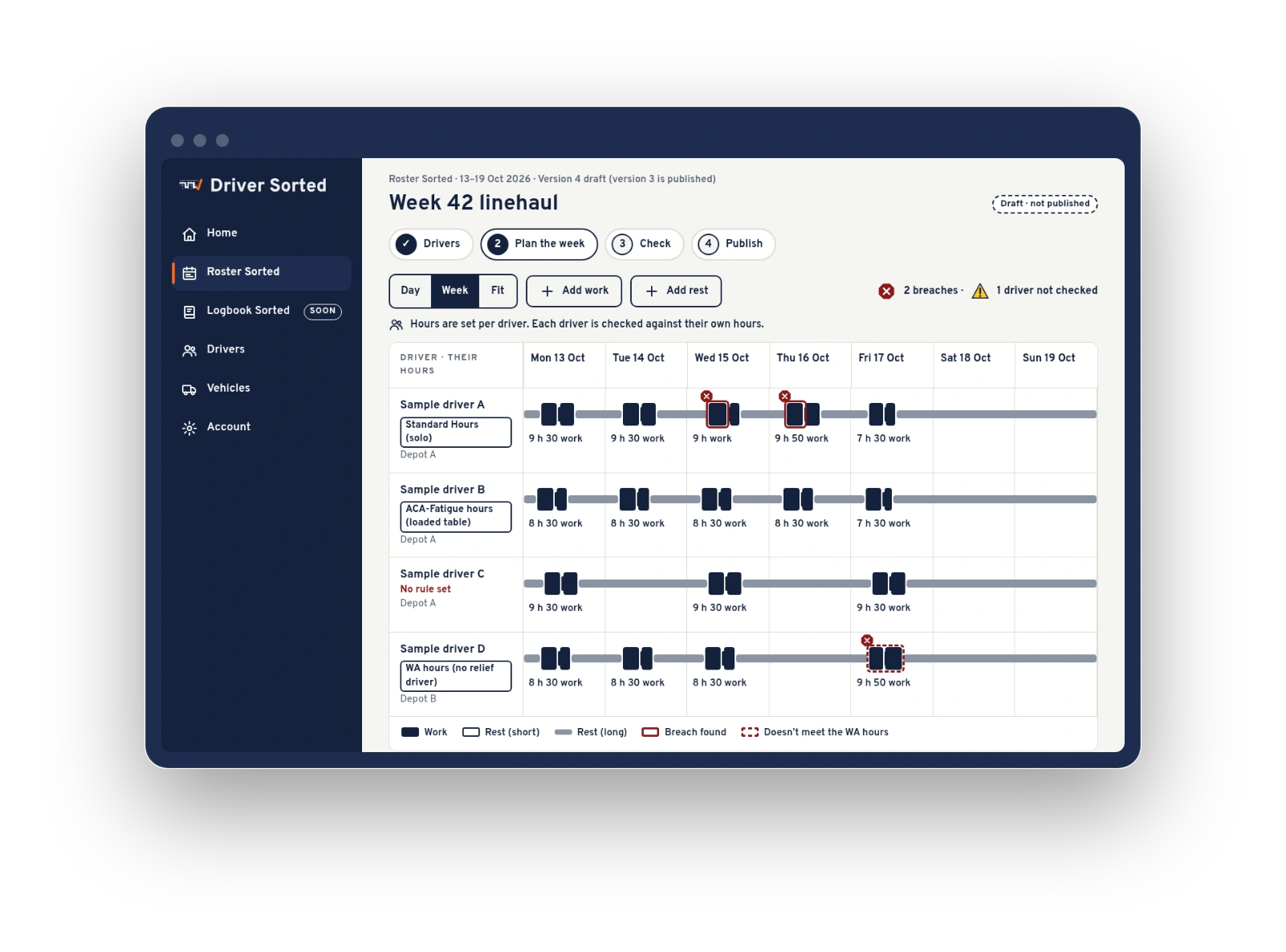 Example roster plan on a desktop screen, sample data