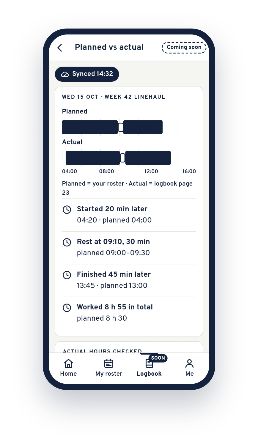 Example planned versus actual screen on a phone, sample data